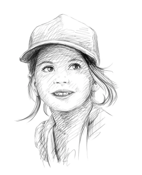 Little Beautiful Girl Cap Pencil Sketch — Stock Photo, Image