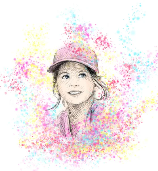 Petite Fille Croquis Crayon Avec Décoration Par Pulvérisation Colorée — Photo