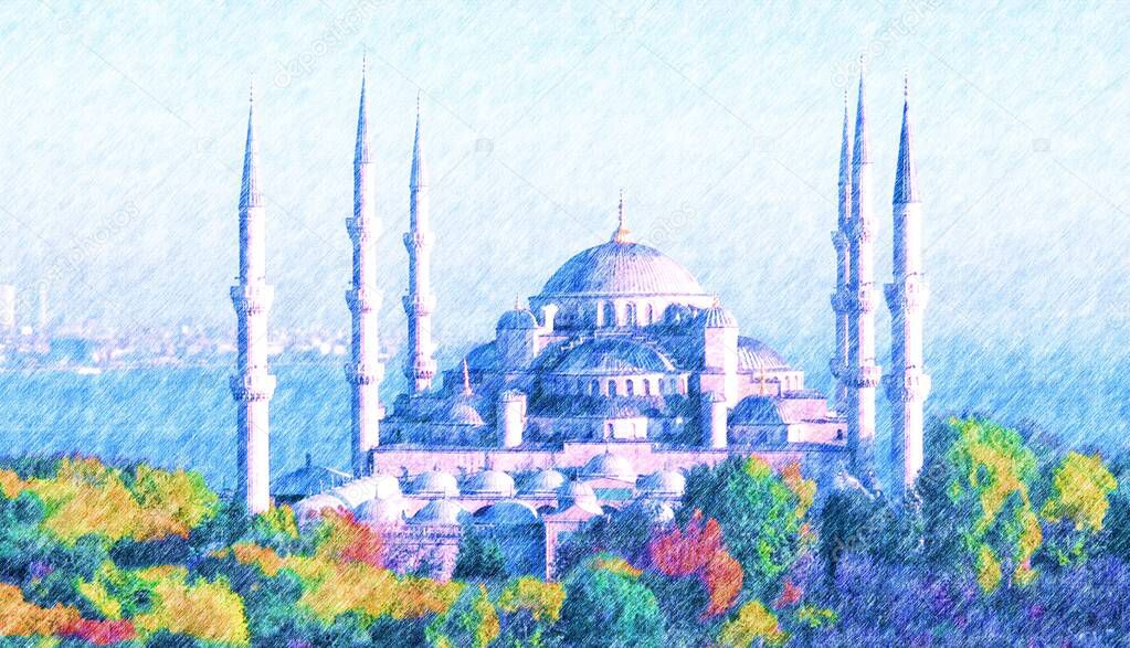 Istanbul architecture, Colored pencil drawing of Blue Mosque, Digital art