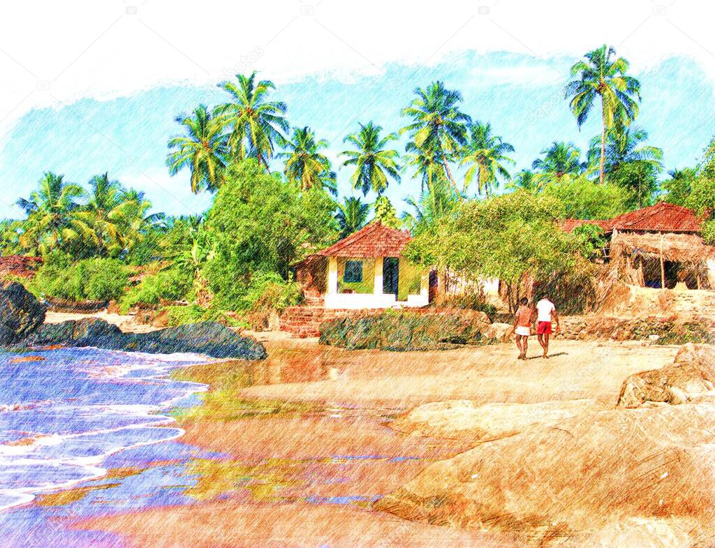 Color pencil drawing of tropical sea coast - sandy beach, small simple house, palm trees, two men walking away, Goa landscape, India, Digital art