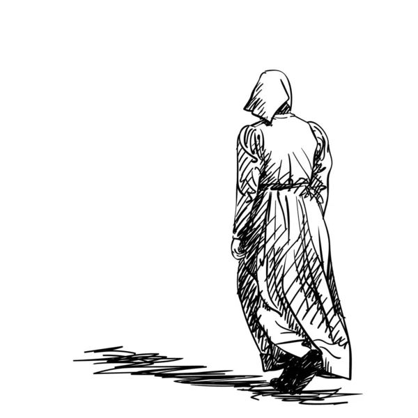 Drawing Girl Old Fashion Retro Peasant Dress Walking Away Back Stock Illustration