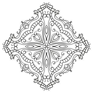 Ortasında haç olan Rhombus süs mandala, boyama kitabı için izole tasarım unsuru, tişört, tekstil, dövme veya herhangi bir dekorasyon, Vektör illüstrasyonu