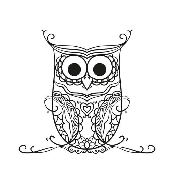 Векторная рисованная сова для взрослых и детей, черно-белая иллюстрация