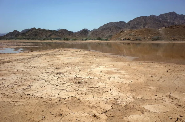 Sivatagi Táj Repedt Sárral Pocsolyával Száraz Hegyekkel Fujairah Ban Egyesült — Stock Fotó