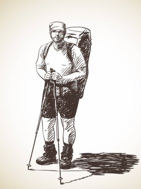 Büyük bir sırt çantasıyla yürüyen adamın çizimi. El çizimi vektör çizimi.