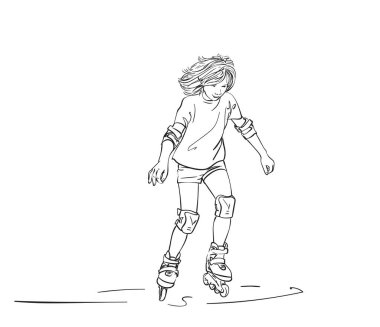 Uzun saçlı genç kızın çizimi paten kaymayı öğrenmesi, beyaz arka planda izole edilmiş el çizimi vektör doğrusal çizimi.