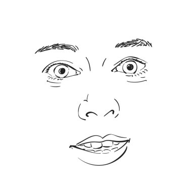 Şaşırmış güzel bir kadının yüzü, vektör çizimi, el çizimi.