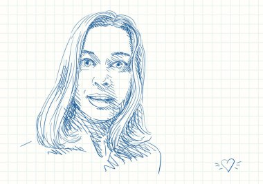 Güzel, şaşırmış bir kadının portresi, kare kareli bir defter sayfasında mavi kalem çizimi, el çizimi vektör çizimi.