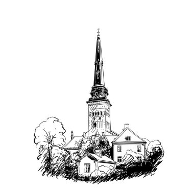 İsveç, Vasteras 'taki Katedral çizimi. El çizimi illüstrasyon