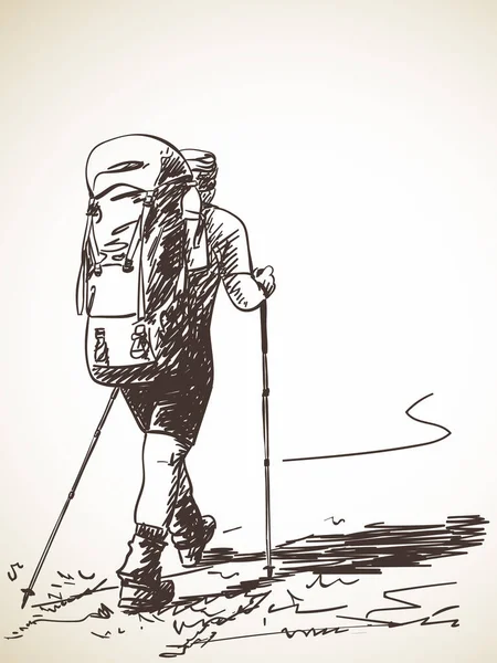 Esboço Homem Trekking Com Mochila Grande Ilustração Vetorial Desenhada Mão — Vetor de Stock