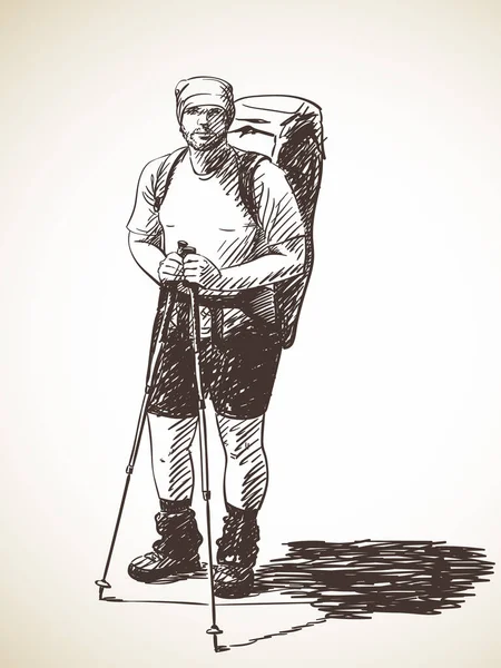 Skizze Von Mann Trekking Mit Großem Rucksack Handgezeichnete Vektorillustration — Stockvektor