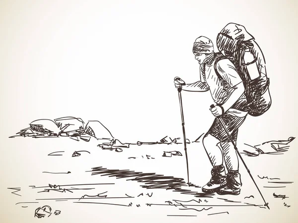 Skizze Von Mann Trekking Mit Großem Rucksack Handgezeichnete Vektorillustration — Stockvektor