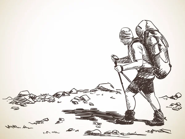 Sketch Man Trekking Big Backpack Kézzel Rajzolt Vektor Illusztráció — Stock Vector