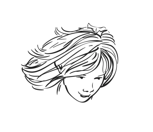 Vektorskizze Eines Teenagermädchenkopfes Mit Langen Wehenden Haaren Von Hand Gezeichnete — Stockvektor