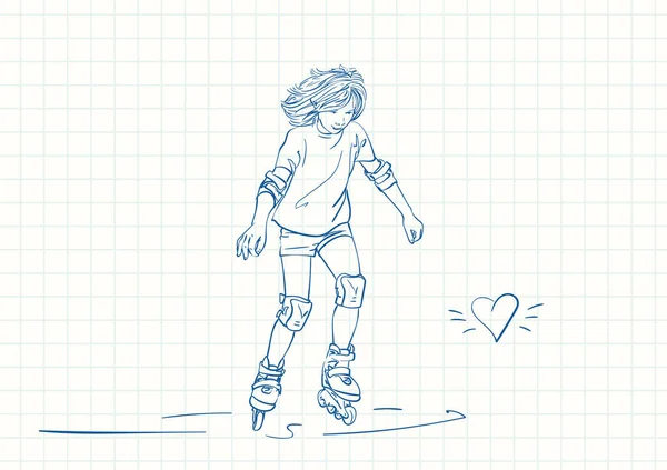 长发少女学习在滚子上滑冰 蓝笔画在正方形网格笔记本页上 手绘矢量线形插图 — 图库矢量图片
