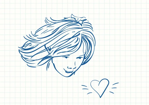 Голова Девочки Подростка Длинными Вьющимися Волосами Эскиз Синей Ручки Странице — стоковый вектор