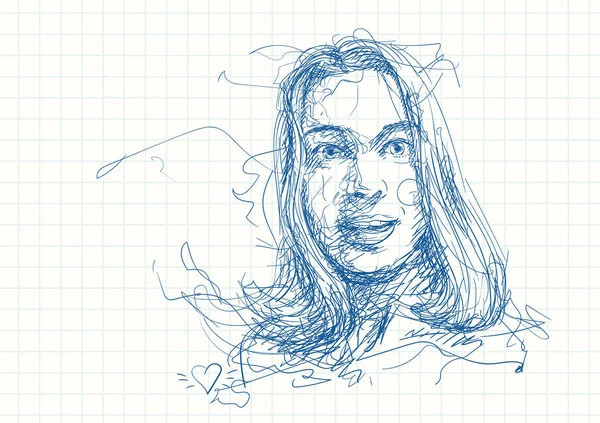 Scribble Croquis Portrait Belle Femme Surprise Stylo Bleu Sur Grille — Image vectorielle