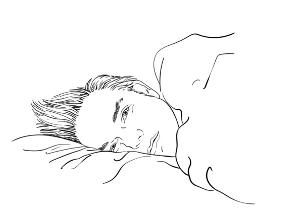 Эскиз Красивого Мужчины Лежащего Постели Сонными Открытыми Глазами Нарисованный Вручную — стоковый вектор