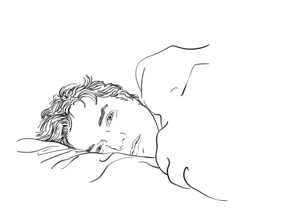 Esboço Homem Bonito Deitado Cama Com Olhos Abertos Sonolentos Ilustração — Vetor de Stock