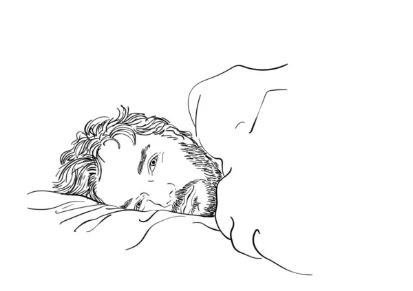 Sketsa Pria Berjanggut Tampan Berbaring Tempat Tidur Dengan Mata Yang - Stok Vektor