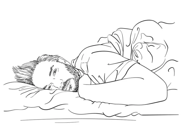 Рисунок Красивого Бородатого Мужчины Лежащего Постели Сонными Открытыми Глазами Нарисованный — стоковый вектор
