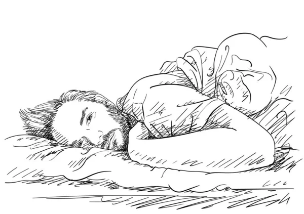 Uykulu gözlerle yatakta yatan yakışıklı sakallı adamın çizimi, çapraz kuluçkaya yatmış el çizimi vektör çizimi.