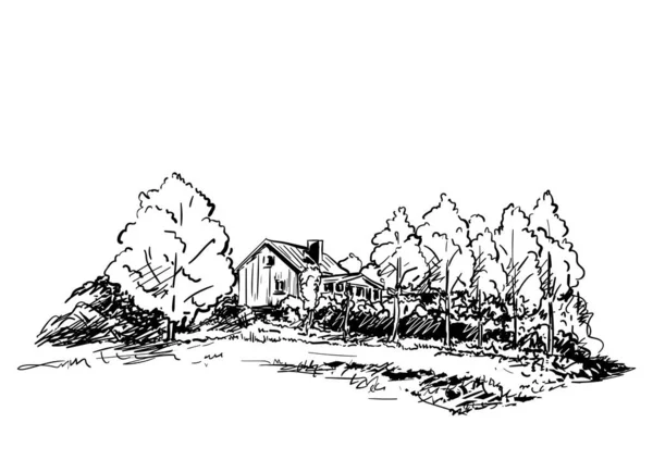 Szkic Wiejskiego Domu Otoczony Drzewami Ręcznie Rysowane Wektor Ilustracji — Wektor stockowy