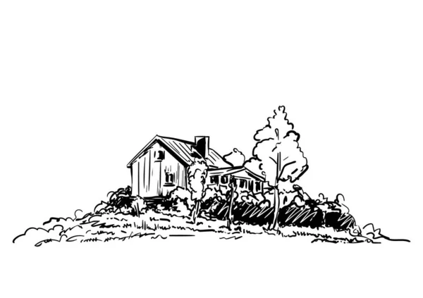 木に囲まれた田舎家のスケッチ手描きベクトルイラスト — ストックベクタ