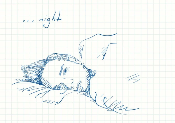 眠い目でベッドに寝そべっているハンサムな男 正方形のグリッドノートブックページの青いペンのスケッチ クロスハッチで手描きベクトルイラスト — ストックベクタ