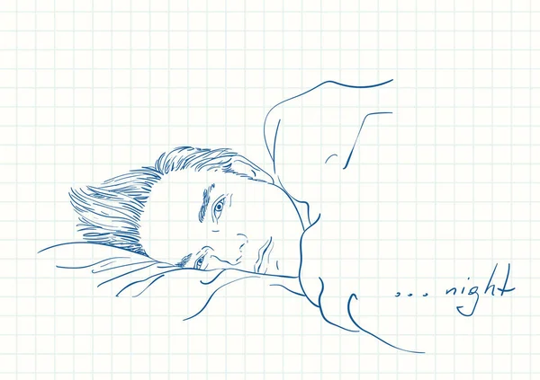 Hombre Guapo Acostado Cama Con Los Ojos Abiertos Somnolientos Dibujo — Archivo Imágenes Vectoriales