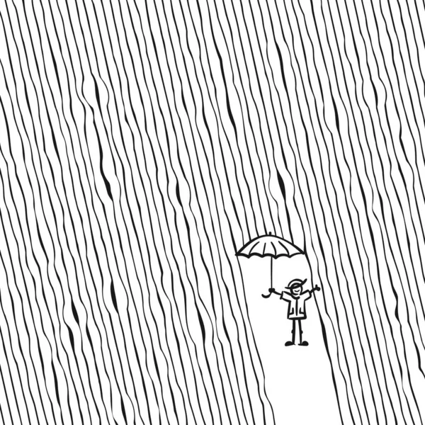 Happy Doodle Muž Deštníkem Pod Deštěm Pruhované Pozadí — Stockový vektor