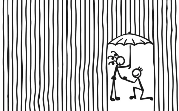 男の膝は大雨の下で結婚する傘と女性を求めて 棒の数字人々ロマンチックな関係 縞模様の背景 — ストックベクタ