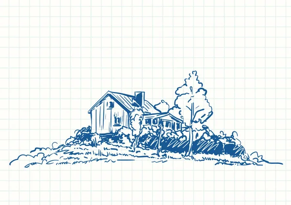 木に囲まれた田舎の家 正方形のグリッドノートブックページの青いペンのスケッチ 手描きベクトルイラスト — ストックベクタ