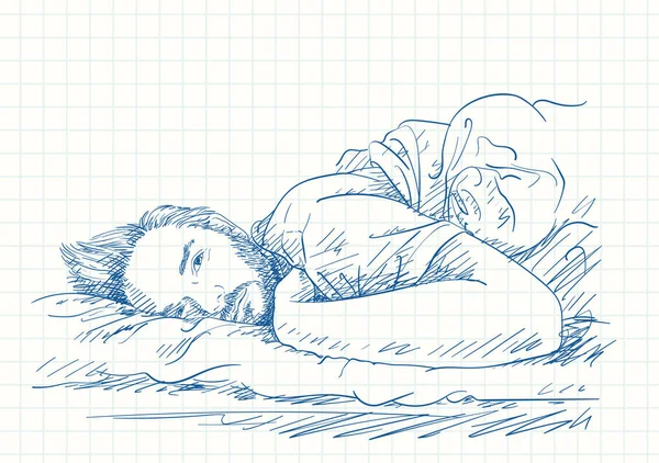 眠い目でベッドに寝そべっている孤独な髭男 正方形のグリッドノートブックページ上の青いペンのスケッチ クロスハッチで手描きベクトルイラスト — ストックベクタ