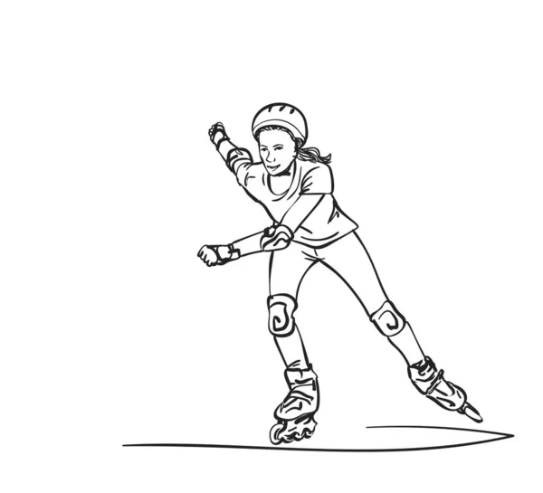 Sketch Teenage Girl Rollers Speed Skating Isolado Fundo Branco Ilustração — Vetor de Stock