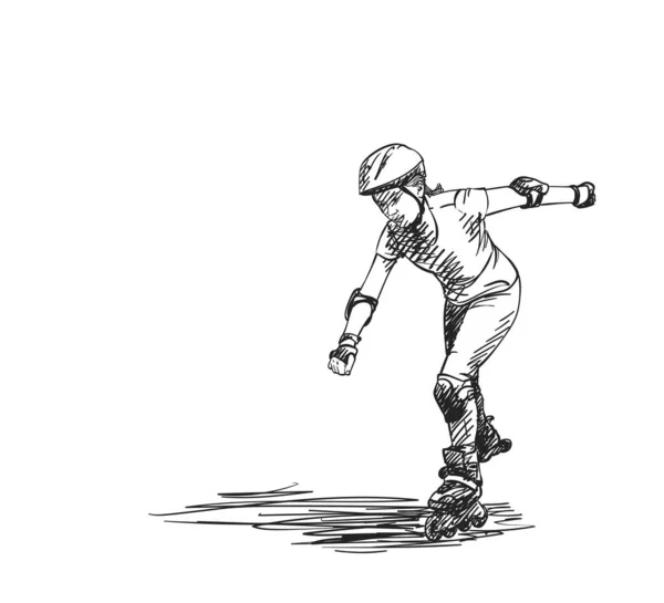 スケッチの十代の女の子のローラースピードスケート 白の背景に隔離された ハッチング色と手描きベクトルイラスト — ストックベクタ
