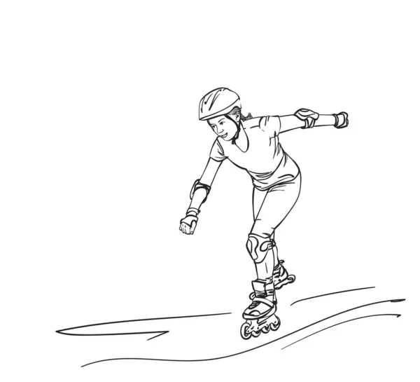 Sketch Teenage Girl Rollers Speed Skating Isolado Fundo Branco Ilustração — Vetor de Stock