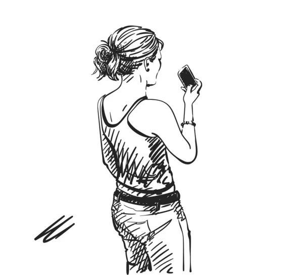 Akıllı Telefon Arka Görüş Çizimi Resimleriyle Fotoğraf Çeken Kadın Çizimi — Stok Vektör
