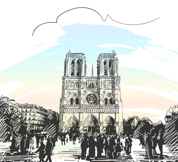 パリのノートルダム大聖堂のスケッチ手描きイラスト — ストックベクタ