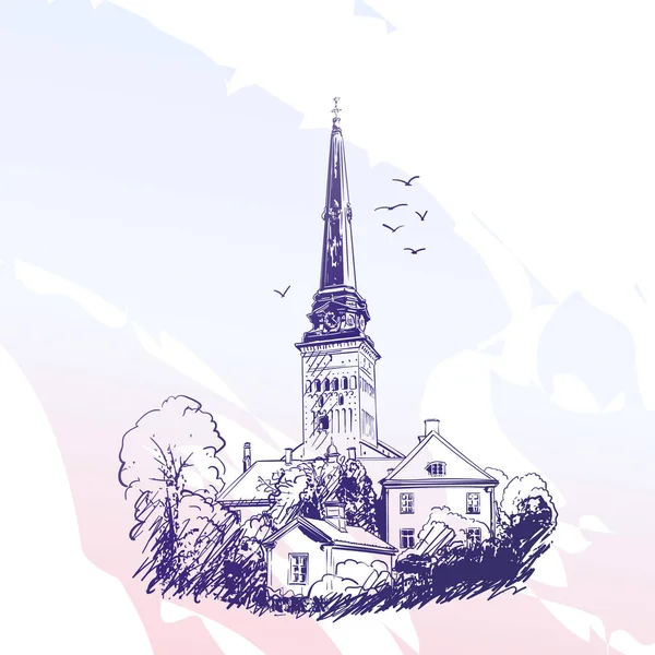 瑞典Vasteras大教堂的素描 软梯度背景手绘图解 — 图库矢量图片