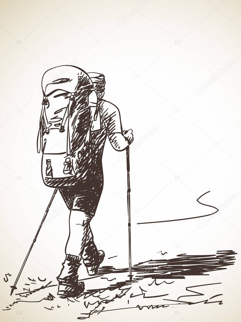 Sketch of man trekking with big backpack Hand drawn vector illustration