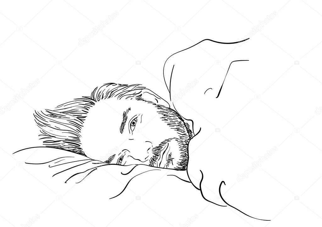 Sketch of handsome bearded man laying in bed with sleepy open eyes, Hand drawn vector linear illustration