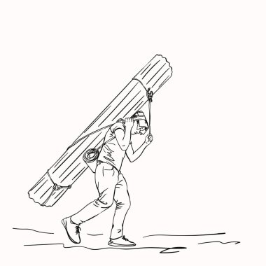 Geleneksel yollarla kafasında ağır yük taşıyan Nepalli hamalın çizimi, El çizimi doğrusal çizim