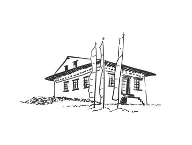 Dua eden bayraklı küçük Budist manastırı çizimi, el çizimi vektör doğrusal çizimi izole edilmiş. Nepal Himalayaları