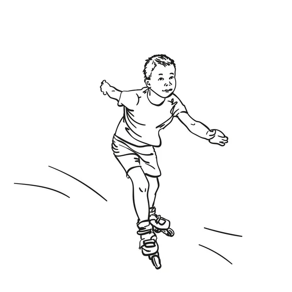 滚子上男孩滑冰的素描 白色背景下孤立的手工绘制矢量线形图解 — 图库矢量图片