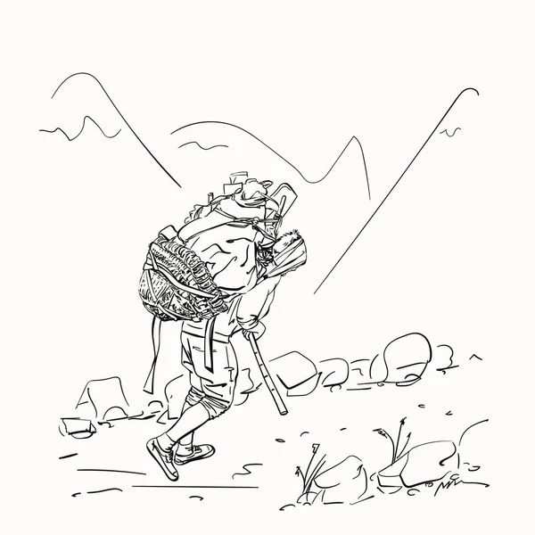 Schets Van Portier Met Zware Lading Mand Omhoog Himalaya Bergen — Stockvector