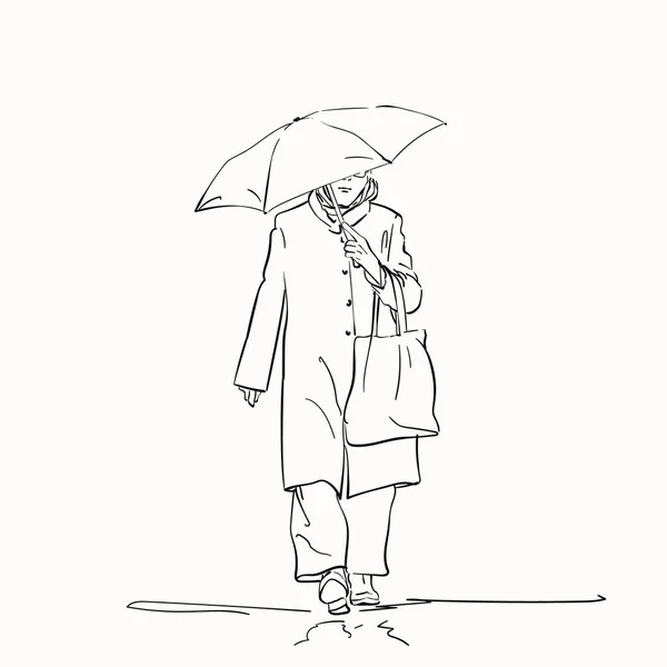 手绘线形图解 身穿外套 手挽着购物袋的女人在伞下行走的画像 — 图库矢量图片