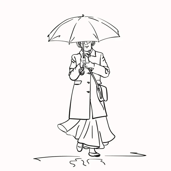 Croquis Femme Âgée Manteau Foncé Jupe Longue Marchant Sous Parapluie — Image vectorielle