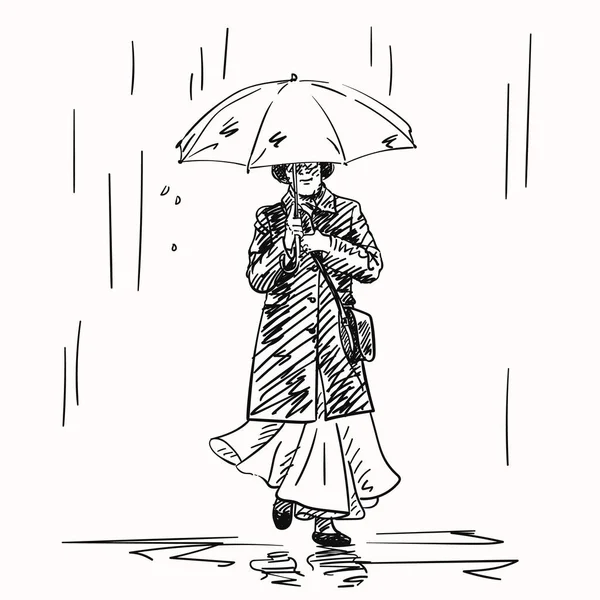 Kresba Starší Ženy Tmavém Kabátě Romantické Sukni Kráčející Pod Deštníkem — Stockový vektor