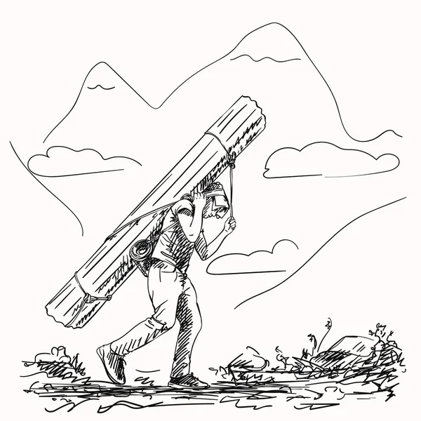 Náčrt Nepálského Nosiče Velkým Břemenem Hlavě Tradičním Způsobem Ručně Kreslená — Stockový vektor